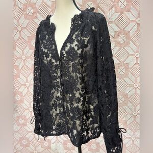 Sheer Black Lace Blouse Tie Sleeve Romantic Top